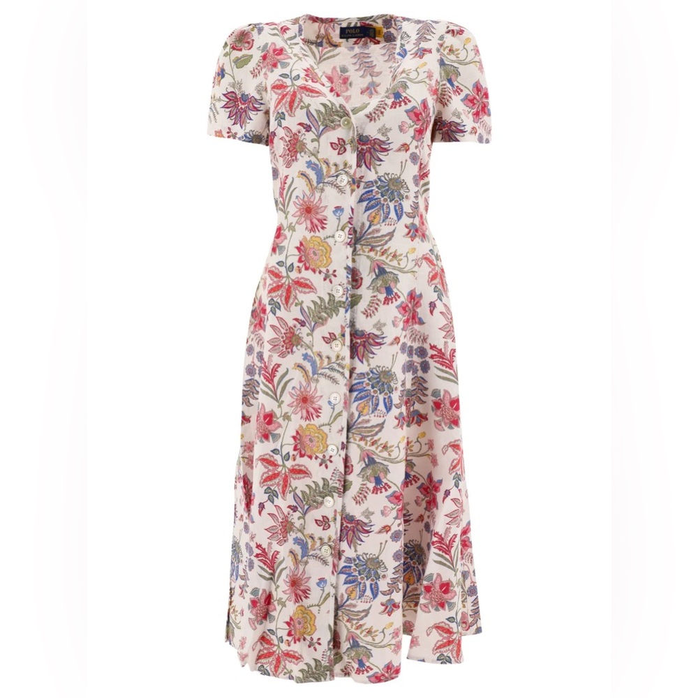 Polo Ralph Lauren Floral 100% Linen V-Neck Midi Dress Pink Elegant 8/M - Picture 9 of 16